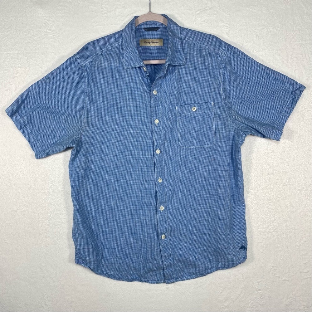 Tommy Bahama Linen Blend Short‎ Sleeve Shirt in Blue Size L Tropical Coastal